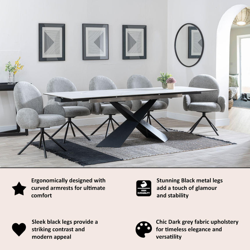 Theo Dark Grey Fabric Swivel Dining Armchair with Black Legs-3