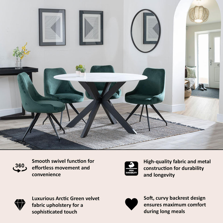 Arctic Green Velvet Fabric Swivel Dining Chair with Black Legs-4