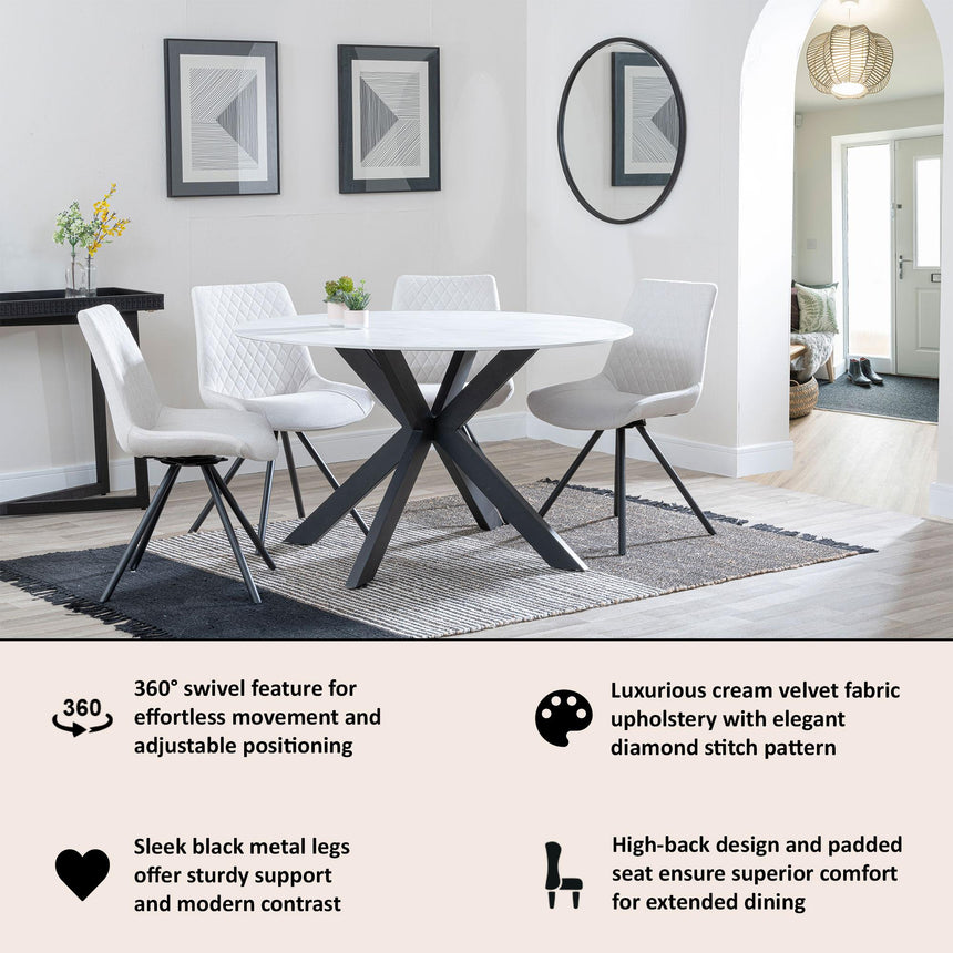 Boden Cream Fabric Swivel Dining Chair with Black Legs-3