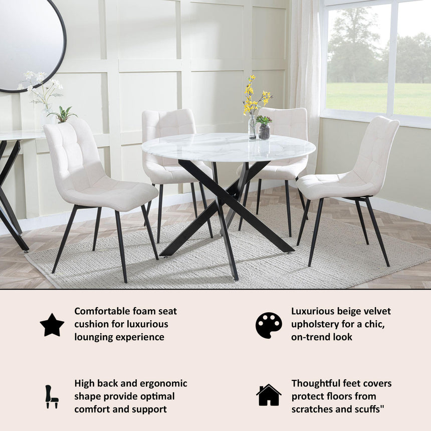 Corona Dining Chairs in Beige Colour Fabric and Black Metal Legs-3