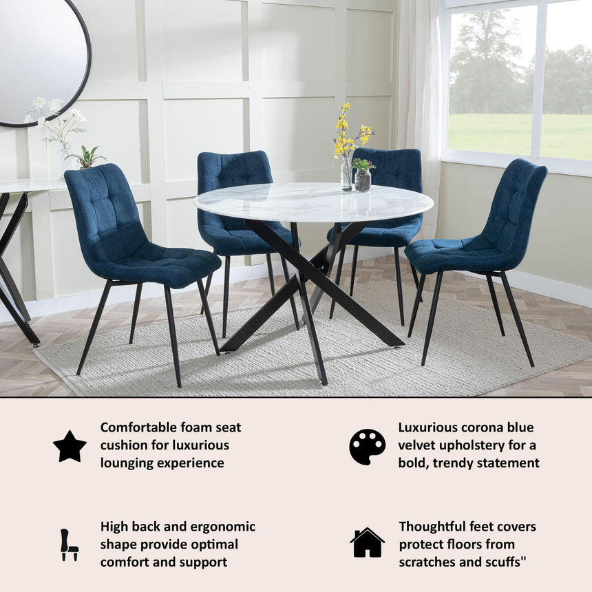 Corona Dining Chairs in Blue Colour Fabric and Black Metal Legs-5
