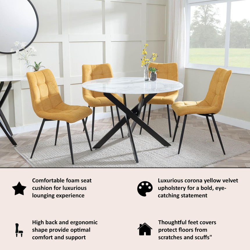 Corona Dining Chairs in Yellow Colour Fabric and Black Metal Legs-6