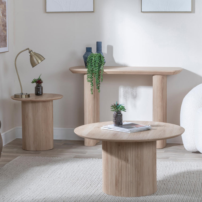 Bern Fluted Oak Effect Round Coffee Table with Drum Base-5