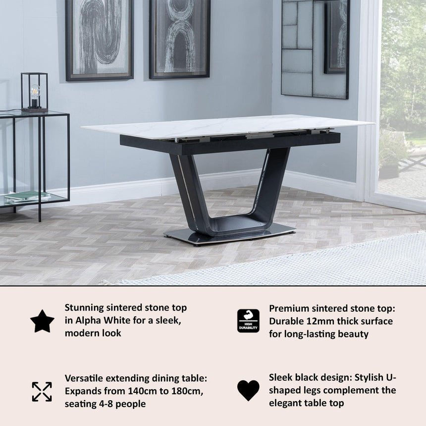 Alpha 4-6 Seater White Ceramic Extending Dining Table with Black Base - 140cm-180cm-11