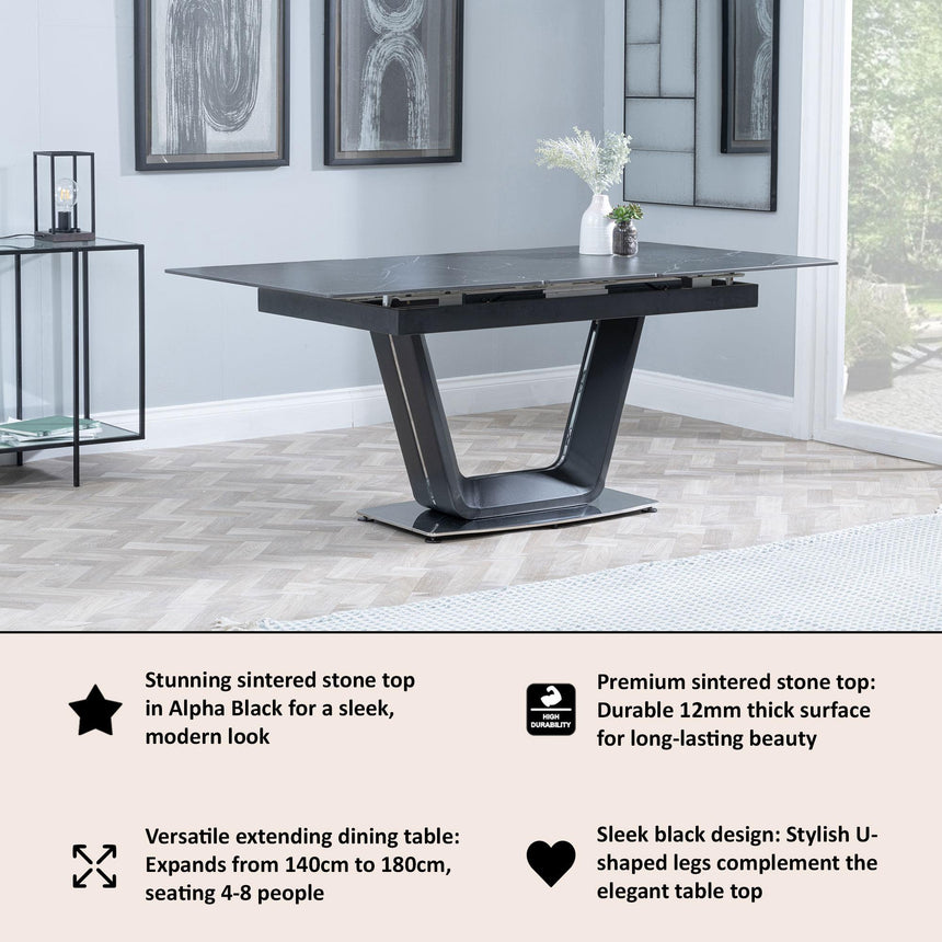 Alpha 4-6 Seater Black Ceramic Extending Dining Table - 140cm-180cm-7