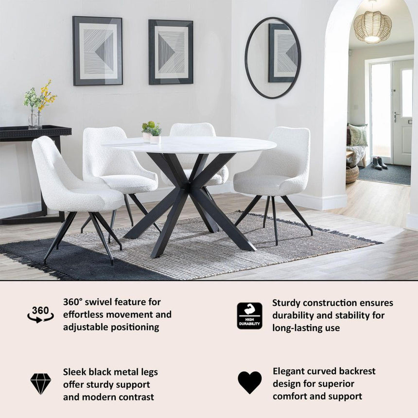 Arctic Cream Boucle Fabric Swivel Dining Chair with Black Legs-11