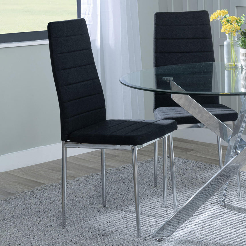 Chopstick Clear Glass and Chrome Metal 4 Seater Round Dining Set - 4 Lido Black Fabric Chairs with Chrome Legs-6