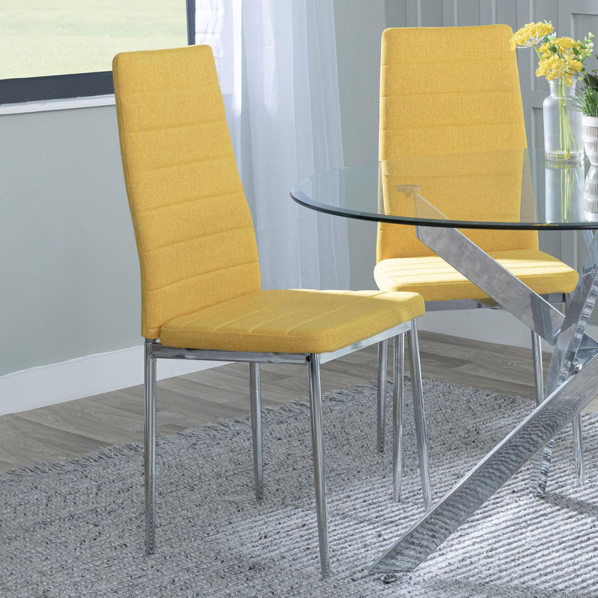 Chopstick Clear Glass and Chrome Metal 4 Seater Round Dining Set - 4 Lido Yellow Fabric Chairs with Chrome Legs-9