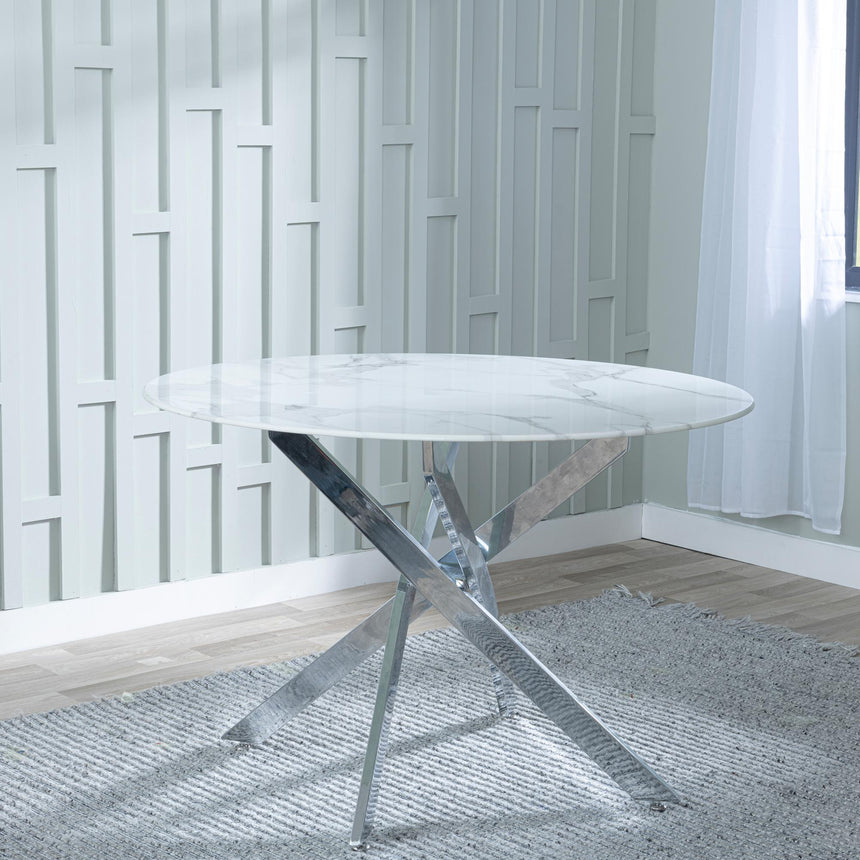 Chopstick White Glass and Chrome Metal 4 Seater Round Dining Set - 4 Lido Sand Fabric Chairs with Chrome Legs-4