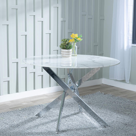 Chopstick White Glass and Chrome Metal 4 Seater Round Dining Set - 4 Jamison Black Faux Leather Dining Chair-2