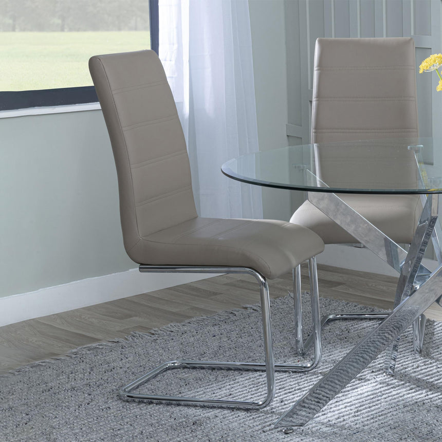 Chopstick Grey Glass and Chrome Metal 4 Seater Round Dining Set - 4 Roma Beige Faux Leather Dining Chair-7