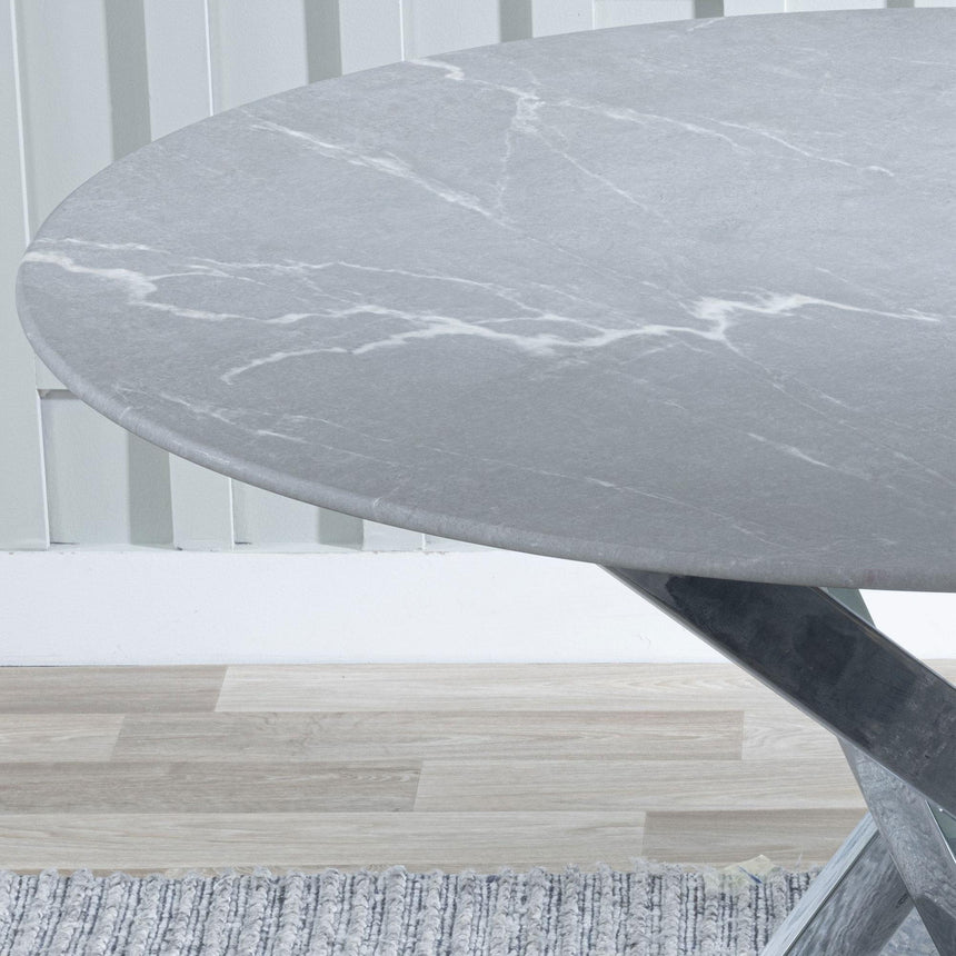 Chopstick Grey Glass and Chrome Metal 4 Seater Round Dining Set - 4 Roma Grey Faux Leather Dining Chair-4