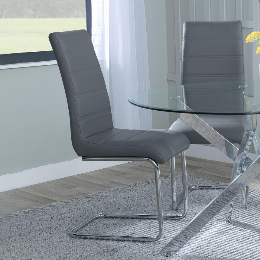Chopstick Grey Glass and Chrome Metal 4 Seater Round Dining Set - 4 Roma Grey Faux Leather Dining Chair-5