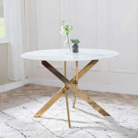Chopstick White Glass and Gold Metal 4 Seater Round Dining Set - 4 Metro Grey Leather Chairs with Gold Legs-2