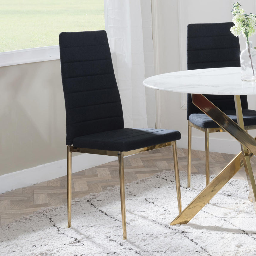 Chopstick Blue Glass and Gold Metal 4 Seater Round Dining Set - 4 Lido Black Fabric Chairs with Gold Legs-8