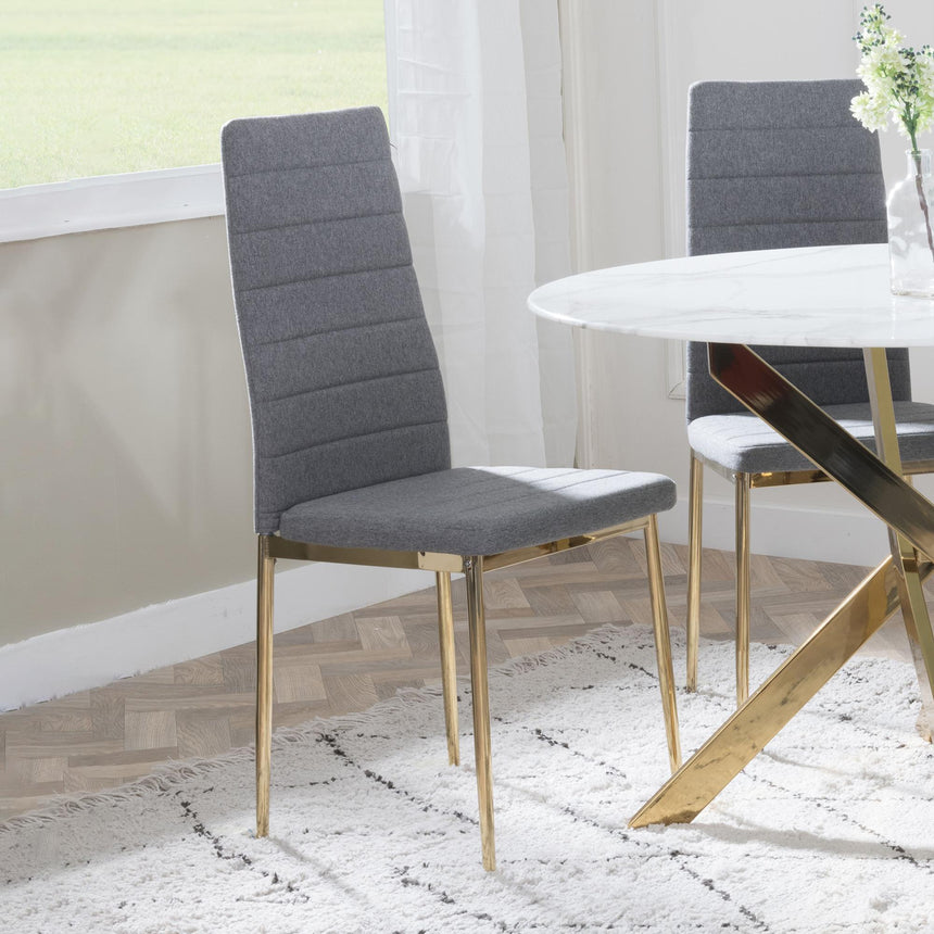 Chopstick Blue Glass and Gold Metal 4 Seater Round Dining Set - 4 Lido Dark Grey Fabric Chairs with Gold Legs-9