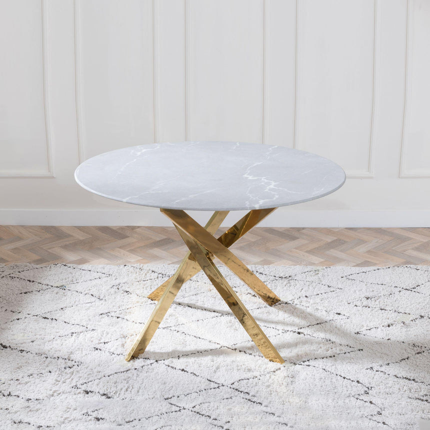Chopstick Blue Glass and Gold Metal 4 Seater Round Dining Set - 4 Lido Sand Fabric Chairs with Gold Legs-5