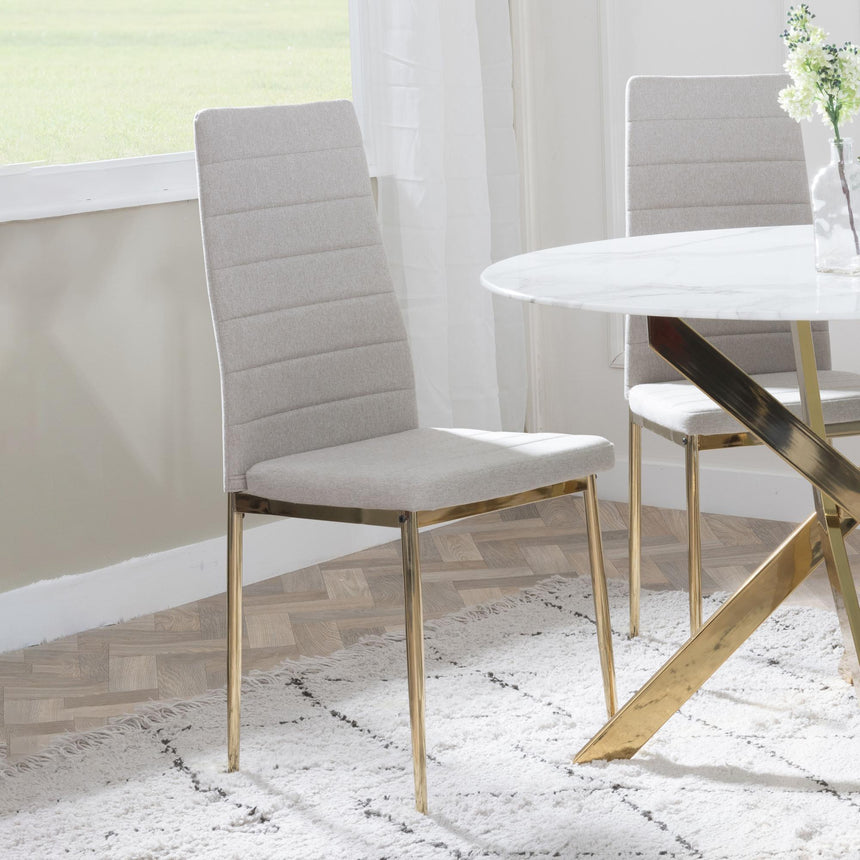 Chopstick Blue Glass and Gold Metal 4 Seater Round Dining Set - 4 Lido Sand Fabric Chairs with Gold Legs-7