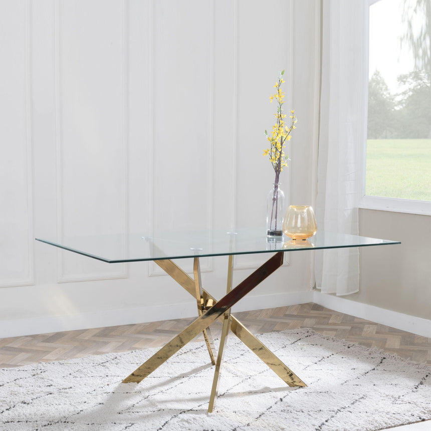 Chopstick Clear Glass and Gold Metal Dining Set - Lido Sand Fabric Chairs with Gold Legs-5