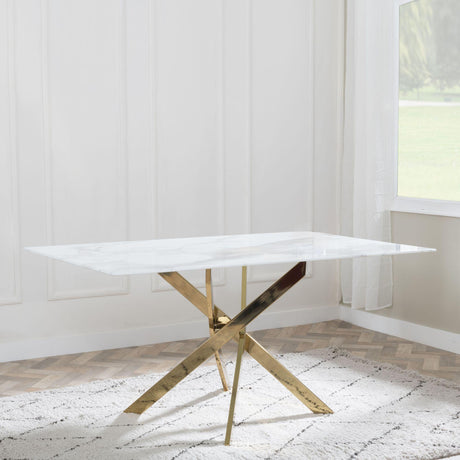 Chopstick White Glass and Gold Metal Dining Set - Lido Blue Fabric Chairs with Gold Legs-2