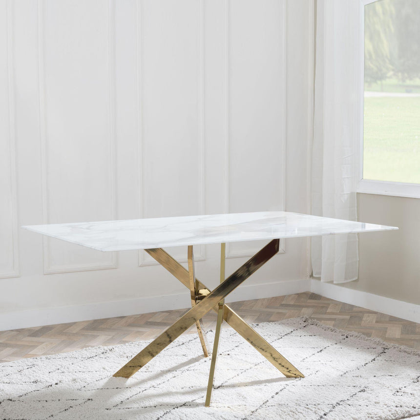 Chopstick White Glass and Gold Metal Dining Set - Lido Sand Fabric Chairs with Gold Legs-3