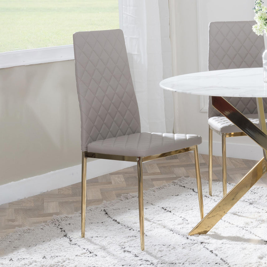 Chopstick Grey Glass and Gold Metal Dining Set - Metro Beige Fabric Chairs with Gold Legs-8
