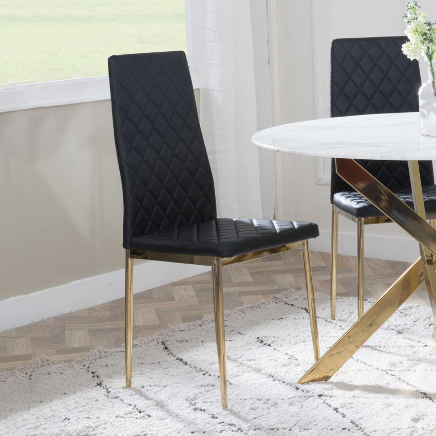 Chopstick Grey Glass and Gold Metal Dining Set - Metro Black Fabric Chairs with Gold Legs-7
