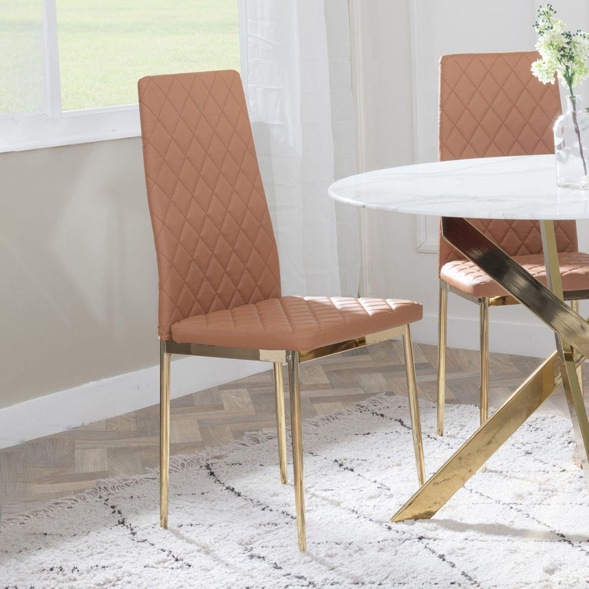 Chopstick Grey Glass and Gold Metal Dining Set - Metro Burnt Orange Fabric Chairs with Gold Legs-10