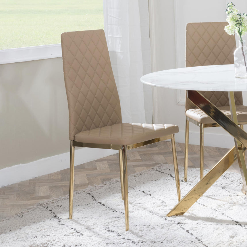 Chopstick Grey Glass and Gold Metal Dining Set - Metro Cappuccino Fabric Chairs with Gold Legs-9