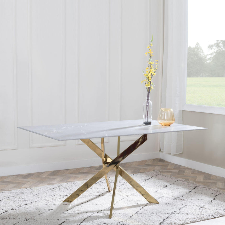 Chopstick Grey Glass and Gold Metal Dining Set - Metro Grey Fabric Chairs with Gold Legs-3