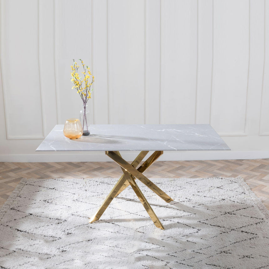 Chopstick Grey Glass and Gold Metal Dining Set - Metro Grey Fabric Chairs with Gold Legs-4