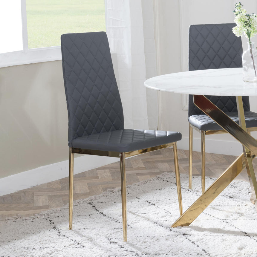 Chopstick Grey Glass and Gold Metal Dining Set - Metro Grey Fabric Chairs with Gold Legs-6