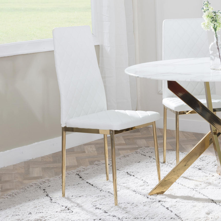 Chopstick Grey Glass and Gold Metal Dining Set - Metro White Fabric Chairs with Gold Legs-5