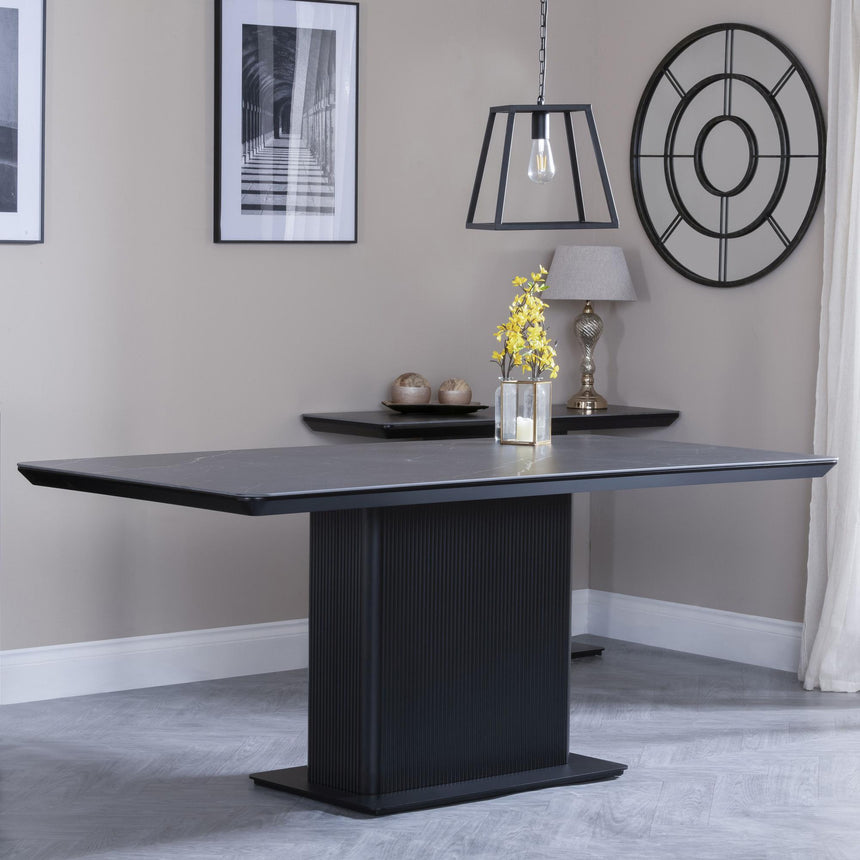 Morgan Black Ceramic Fluted Dining Set - Ion Dark Grey Velvet Fabric Swivel Dining Chair-3