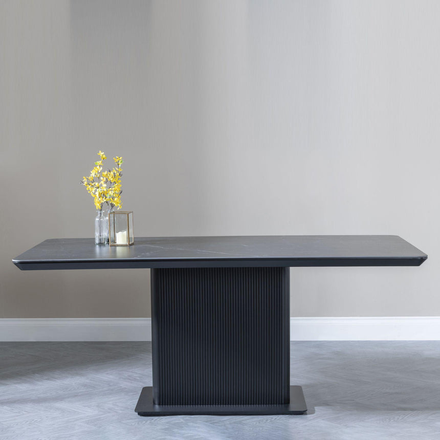 Morgan Black Ceramic Fluted Dining Set - Ion Dark Grey Velvet Fabric Swivel Dining Chair-4