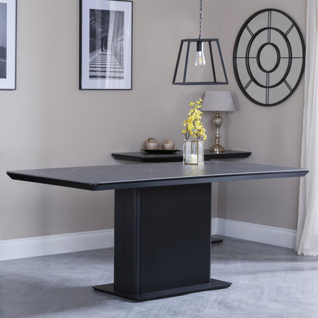 Morgan Black Ceramic Fluted Dining Set - Theo Grey Fabric Swivel Dining Chair-2