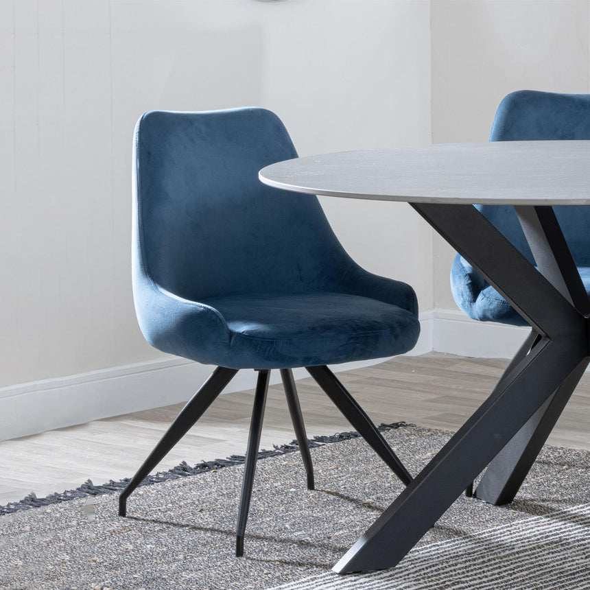 Luxor White Marble Effect Oval Dining Set - Arctic Blue Velvet Fabric Swivel Dining Chair-7