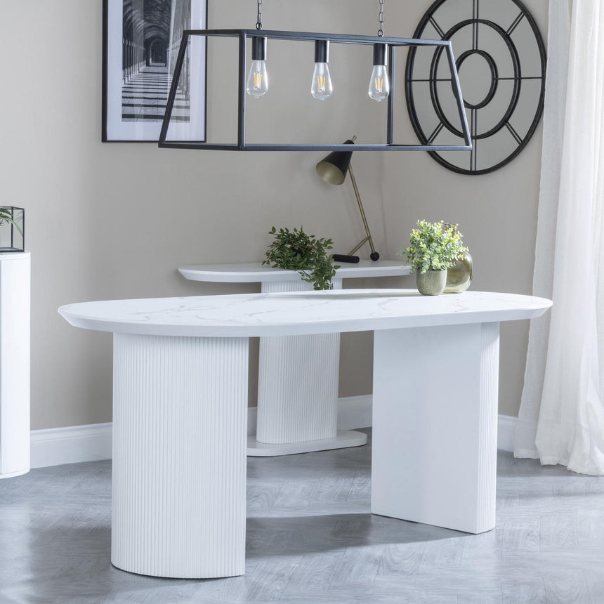 Luxor White Marble Effect Oval Dining Set - Arctic Cream Velvet Fabric Swivel Dining Chair-5
