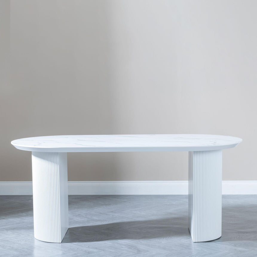 Luxor White Marble Effect Oval Dining Set - Arctic Cream Velvet Fabric Swivel Dining Chair-6