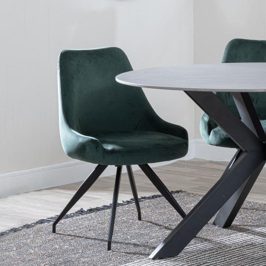 Luxor White Marble Effect Oval Dining Set - Arctic Green Velvet Fabric Swivel Dining Chair-5