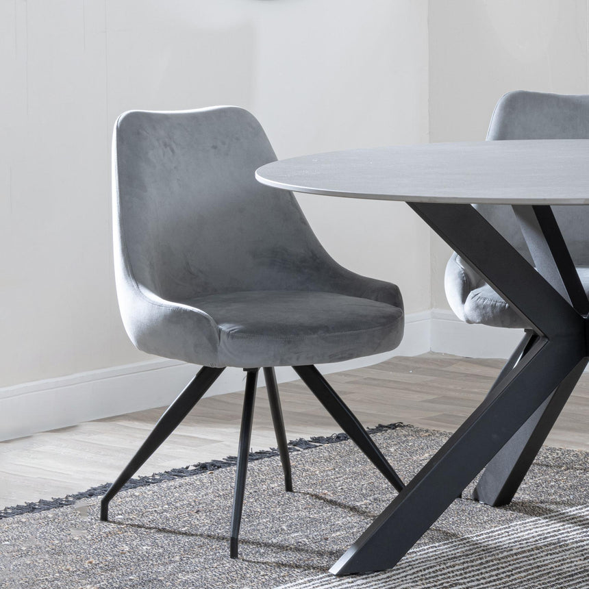 Luxor White Marble Effect Oval Dining Set - Arctic Grey Velvet Fabric Swivel Dining Chair-6