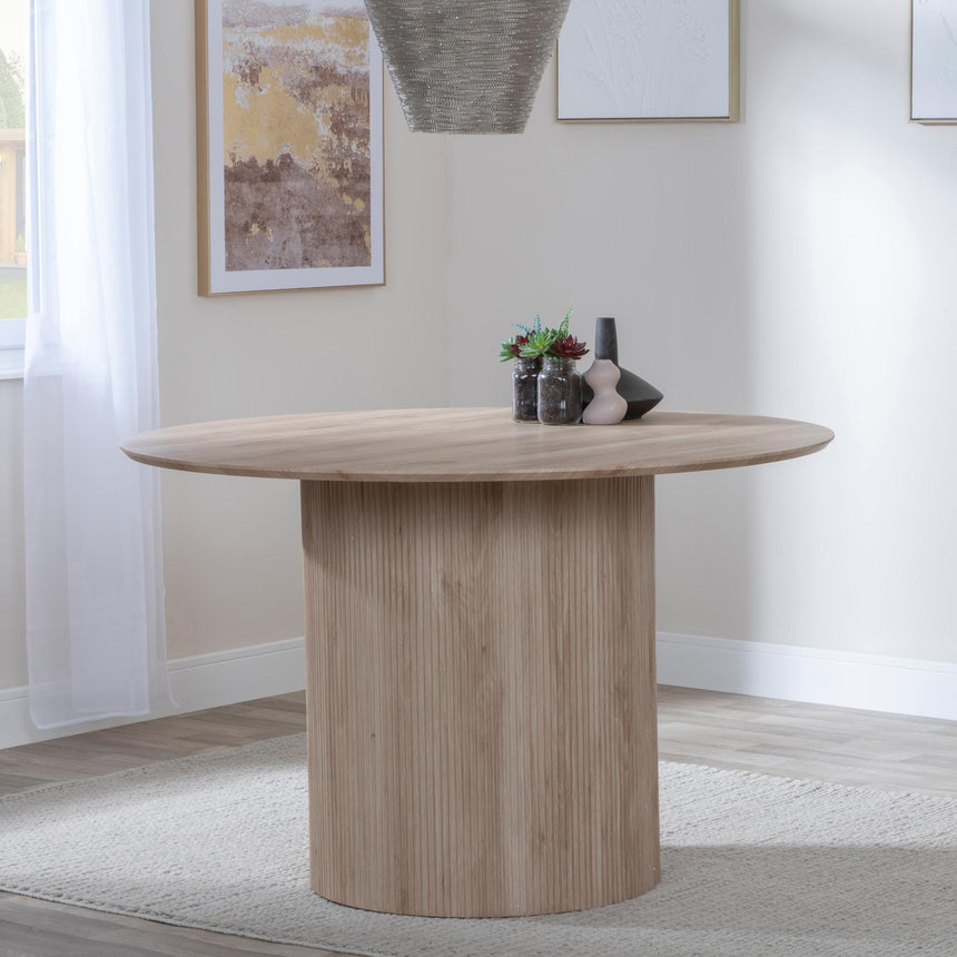 Bern Fluted Oak Effect 4 Seater Round Dining Set - 4 Ace Grey Fabric Swivel Dining Chair-2