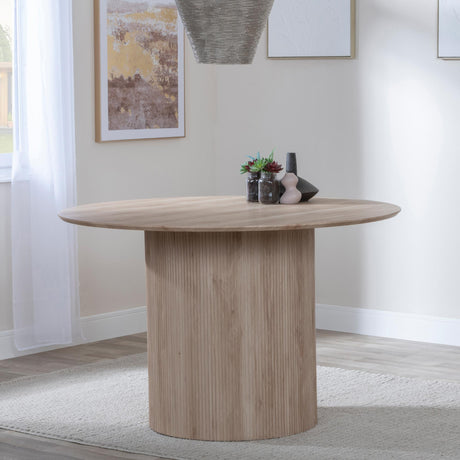 Bern Fluted Oak Effect 4 Seater Round Dining Set - 4 Ion Beige Velvet Fabric Swivel Dining Chair-2