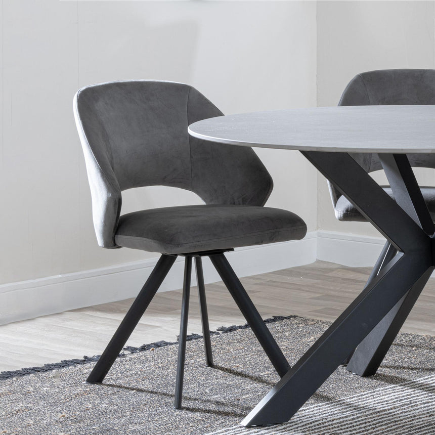 Bern Fluted Oak Effect Dining Set - Ion Dark Grey Velvet Fabric Swivel Dining Chair-6