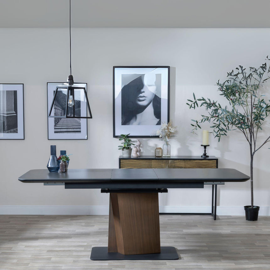 Catalina Black Ceramic Extending Pedastal Dining Set - Diego Grey Leather Swivel Dining Chair-4