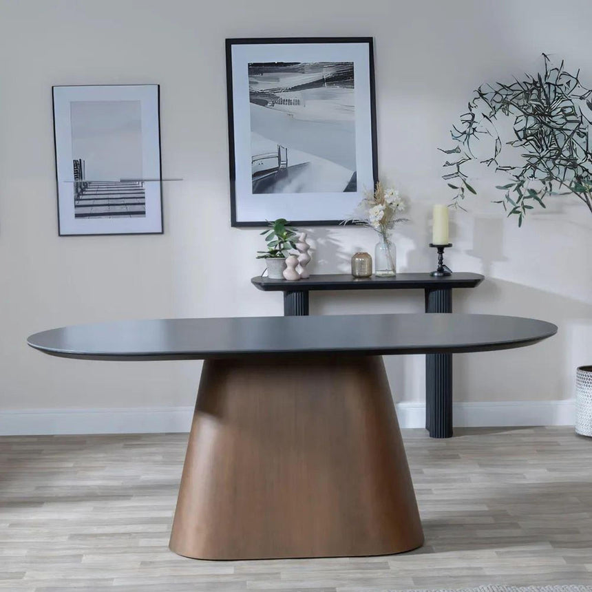 Danetti Dark Grey Ceramic Oval Dining Set with Bronze Pedestal Base - Arctic Cream Velvet Fabric Swivel Dining Chair-6