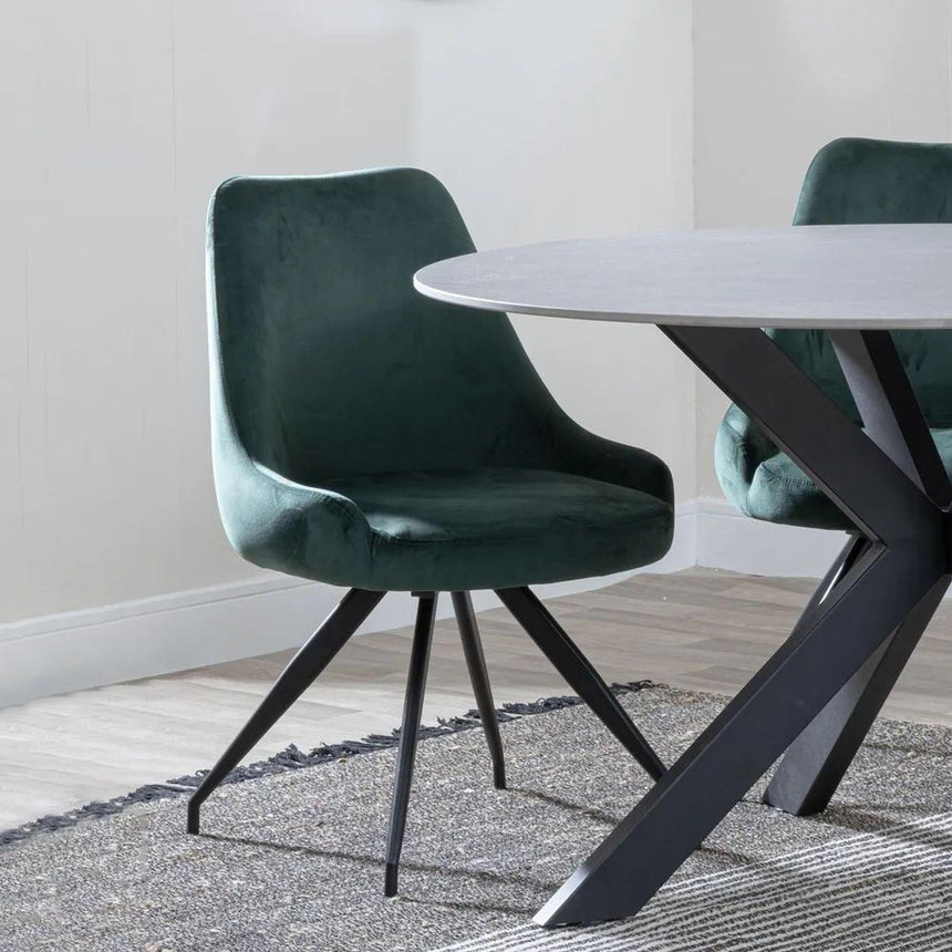 Danetti Dark Grey Ceramic Oval Dining Set with Bronze Pedestal Base - Arctic Green Velvet Fabric Swivel Dining Chair-7