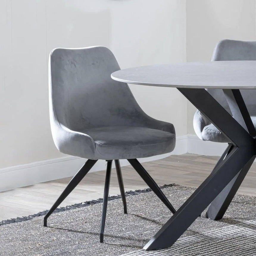 Danetti Dark Grey Ceramic Oval Dining Set with Bronze Pedestal Base - Arctic Grey Velvet Fabric Swivel Dining Chair-6