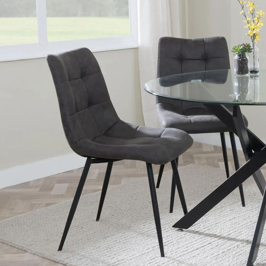 Danetti Dark Grey Ceramic Oval Dining Set with Bronze Pedestal Base - Corona Grey Fabric Dining Chair-13