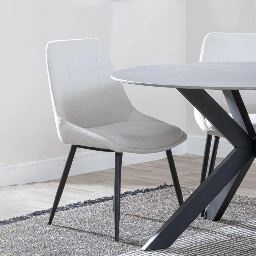 Danetti Dark Grey Ceramic Oval Dining Set with Bronze Pedestal Base - Darwin Cream Fabric Dining Chair-6